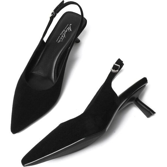 Mostrin Kitten Heel Black Suede Low Slingback Heels with Buckle Dress Shoes - Picture 3 of 9